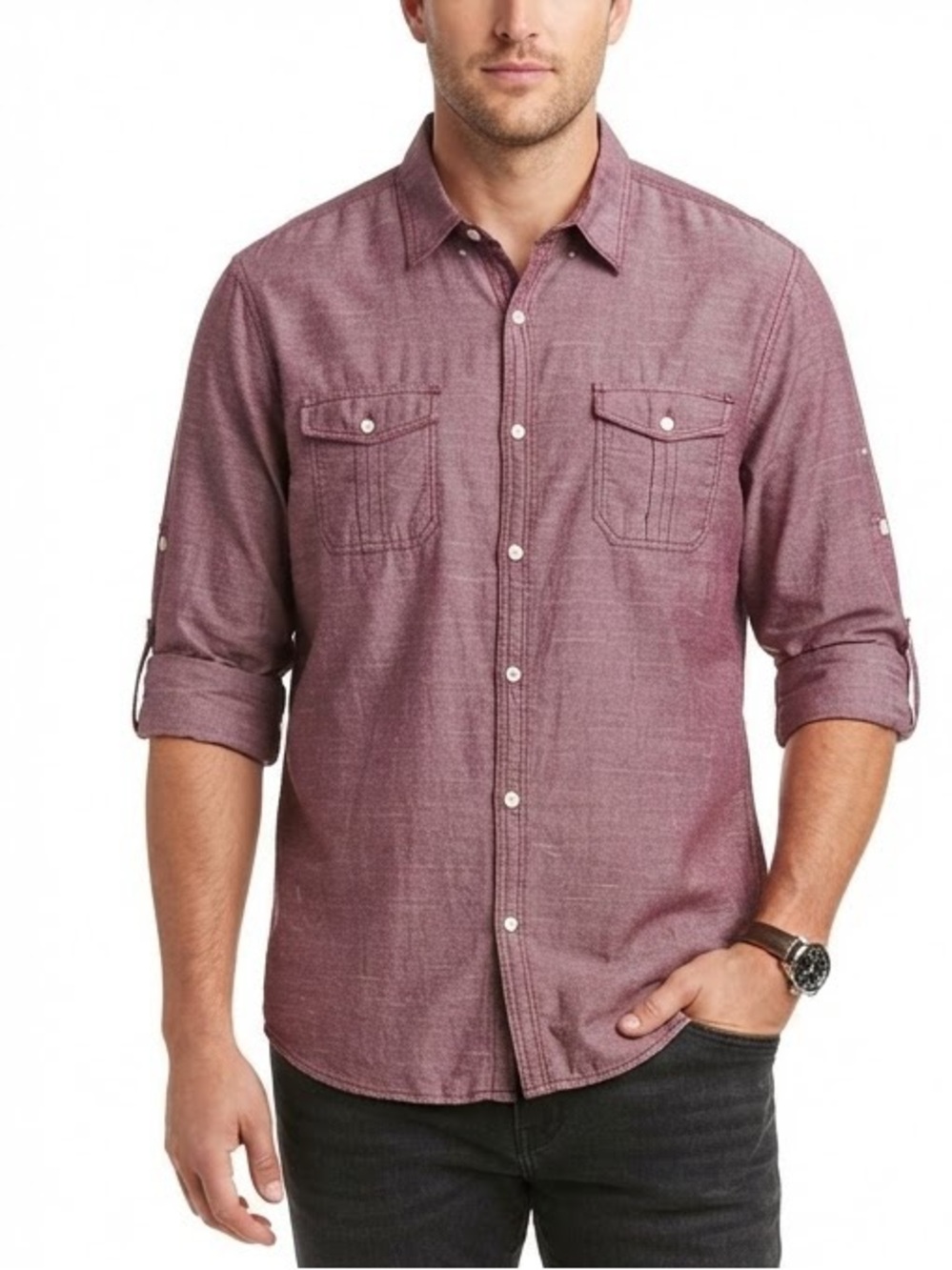 SEVEN7 Roll Tab Sleeve Button Down Shirt XL 23” p2p Heather Plum $78 Retail EUC